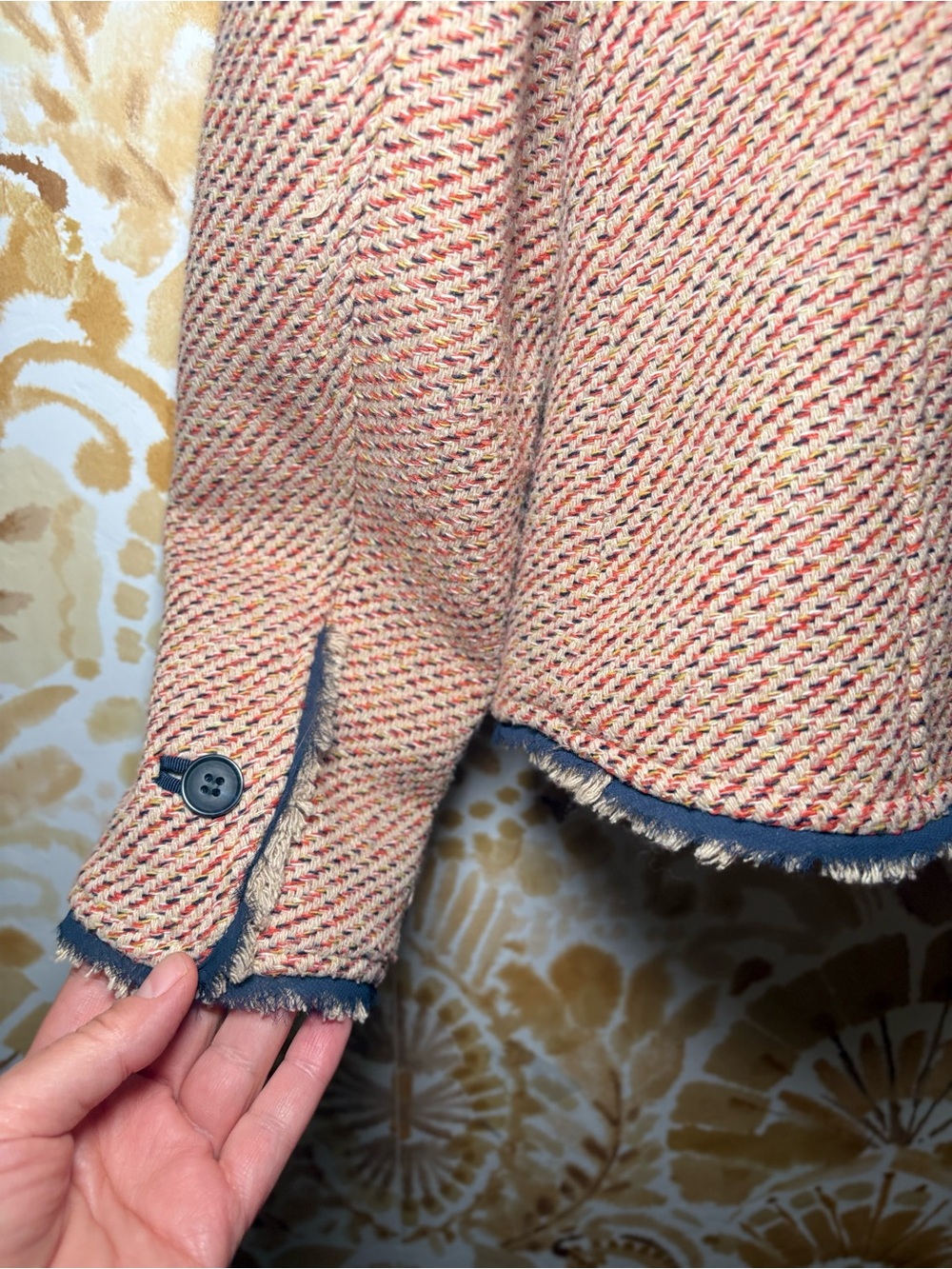 Anne Klein Tweed Blazer Jacket Pink Navy Trim Frayed Edge Career Preppy - Picture 11 of 14